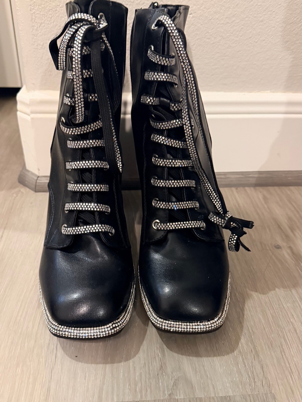 Rouge Helium Black Rhinestone Lace-Up Ankle Boots
